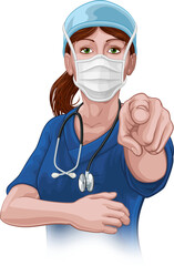 Doctor or Nurse Woman in Scrubs Uniform Pointing