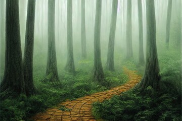 The trail in the misty forest. Misty forest trail. Trail in mosty forest. Forest mist background