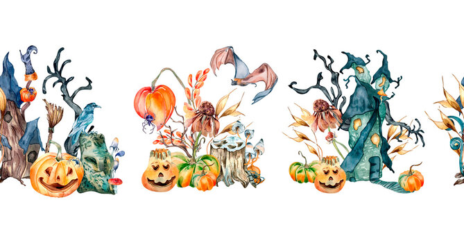 Seamless board of colorful Halloween watercolor illustration isolated on white background.