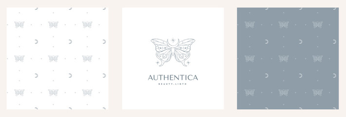 Logo with butterfly for beauty salons and boutiques. Vector business card template - elegant linear style.