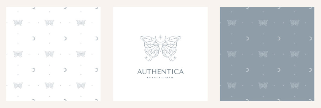 Logo with butterfly for beauty salons and boutiques. Vector business card template - elegant linear style.