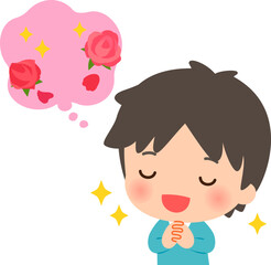 バラ色の想像に浸る笑顔の男性