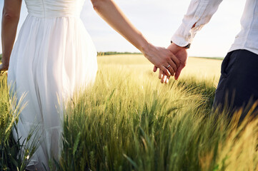 Holding each other by the hands. Couple just married. Together on the majestic agricultural field at sunny day