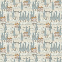Cartoon seamless pattern with old houses, trees, islands and bridges on backdrop with wavy pattern. Childish wallpaper, wrapping paper, fabric. Decorative vector background in flat style