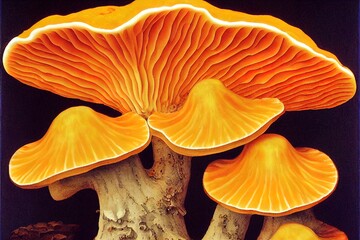 Laetiporus sulphureus is a species of bracket fungus found in Europe and North America. Its common names are crab of the woods, sulphur polypore, sulphur shelf, and chicken of the woods - obrazy, fototapety, plakaty