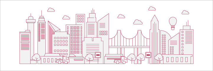 Futuristic outline urban landmark silhouette skyline cityscape with city car and panoramic buildings background vector illustration in flat design style on red lines