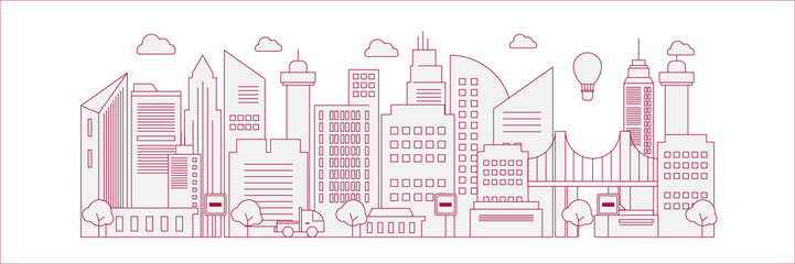Futuristic outline urban landmark silhouette skyline cityscape with city car and panoramic buildings background vector illustration in flat design style on red lines