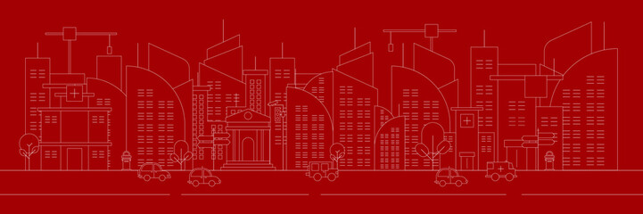 Futuristic outline urban landmark silhouette skyline cityscape with city car and panoramic buildings background vector illustration in flat design style on red background