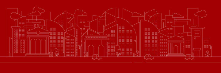 Futuristic outline urban landmark silhouette skyline cityscape with city car and panoramic buildings background vector illustration in flat design style on red background