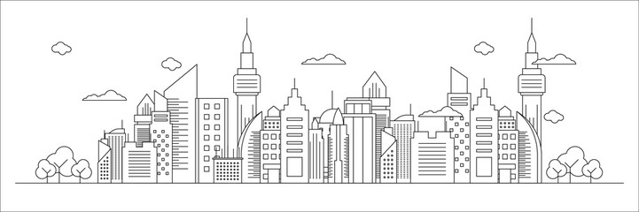 Fototapeta premium Futuristic outline urban landmark silhouette skyline cityscape with city car and panoramic buildings background vector illustration in flat design style on white background