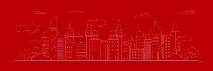 Futuristic outline urban landmark silhouette skyline cityscape with city car and panoramic buildings background vector illustration in flat design style on red background