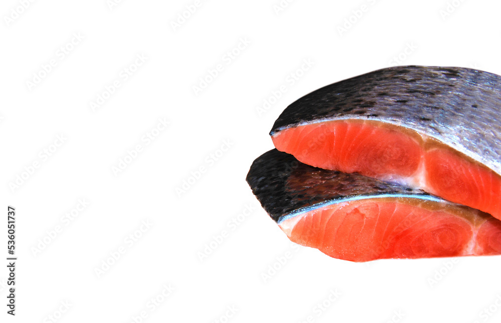 Wall mural Two pieces of salmon stacked on each other isolated on white background
