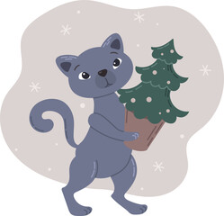 British gray cat carries a christmas tree, christmas card, vector illustration