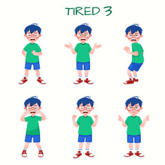 Set of kid boys showing tired expression.Vector illustration.