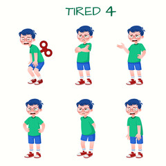 Set of kid boys showing tired expression.Vector illustration.