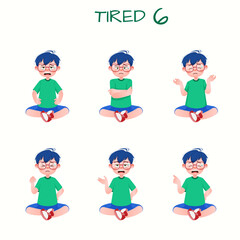 Set of kid boys showing tired expression.Vector illustration.