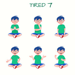 Set of kid boys showing tired expression.Vector illustration.