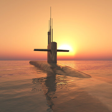 Modernes Unterseeboot im offenen Meer bei Sonnenuntergang
