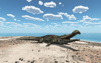 Prähistorisches Krokodil Sarcosuchus am Strand - 536052564