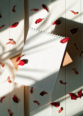 The shadow of a home plant falls on a blank sheet of an open notebook. Red dry petals are scattered around the notebook. The concept of planning things, learning, keeping a diary. Flat lay. Copy space
