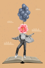 Collage artwork graphics picture of caricature absurd lady flower instead head flying balloons...