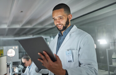Laboratory man, tablet or research data analysis in medical, healthcare innovation or insurance medicine study. Smile, happy scientist or DNA worker with vision for future science help on technology