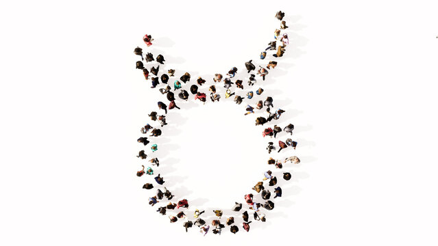 Concept or conceptual large gathering  of people forming an taurus  zodiac sign on white background. A 3d illustration symbol for  esoteric, the mystic, the power of prediction of astrology
