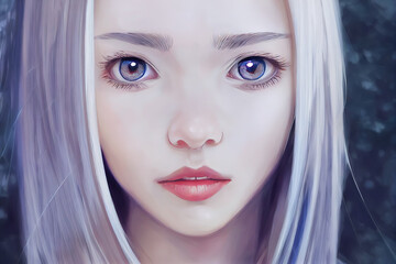 anime girl with white hair, big eyes in concept art