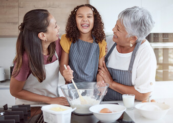 Happy family, cooking and learning with smiling girl bonding with her mother and grandmother in a kitchen. Love, teaching and baking by retired grandparent enjoying fun activity with child - Powered by Adobe