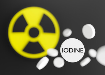 Anti-Radiation Pills, Iodine tablets, tablets for radiation protection. Potassium iodine tablet protecting against the dangers of accidental exposure to radioactivity. Nuclear threats. 3d rendering.