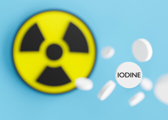 Anti-Radiation Pills, Iodine tablets, tablets for radiation protection. Potassium iodine tablet protecting against the dangers of accidental exposure to radioactivity. Nuclear threats. 3d rendering.