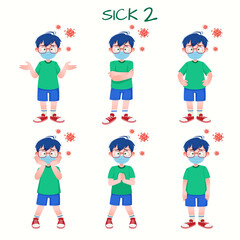 Set of kid boys showing sick expression.Vector illustration.