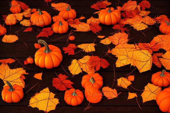 Autumn Seasonal Background With Falling Leaves And Pumpkins On Wooden Plank 3d Render 3d Illustration