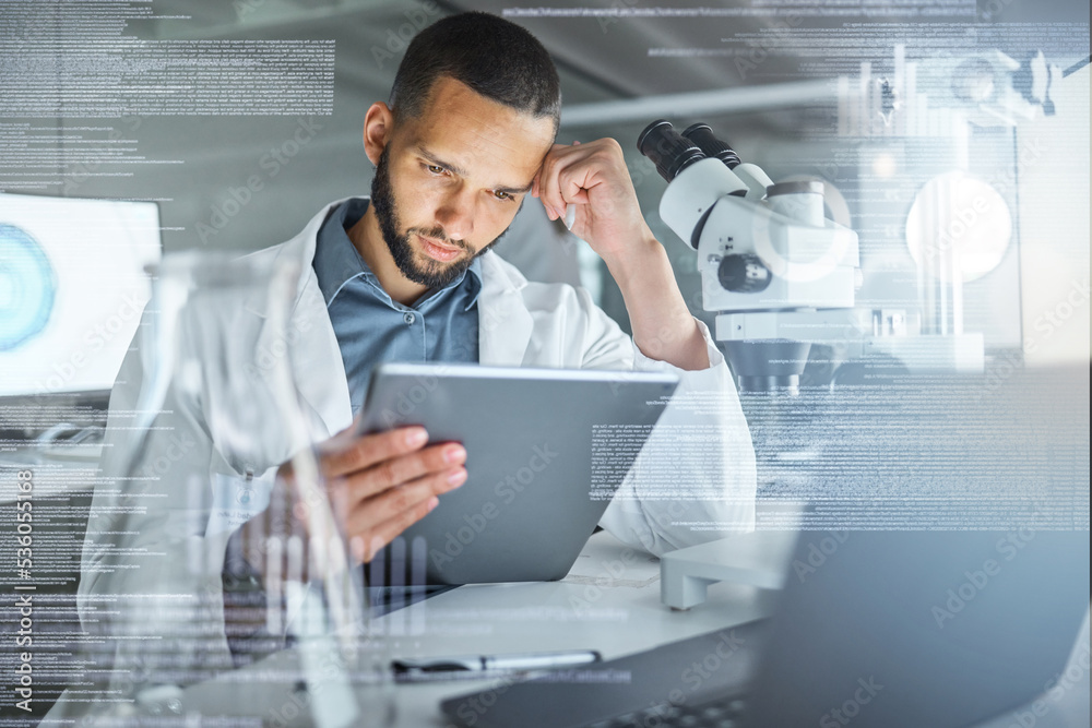 Poster Science, research and tablet with a man engineer working in his laboratory on innovation and development with overlay. Internet, analytics and future with a scientist at work in a lab on breakthrough