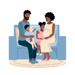 Happy young parents have fun with their children. Family day. Vector illustration in flat style isolated on white background.