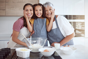 Baking, cooking or girl bonding with family in kitchen for breakfast food or learning sweet dessert...