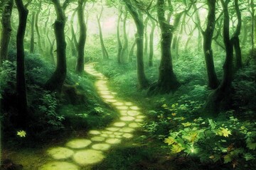Fototapeta premium The trail in the fairy forest. Forest trail view. Trail in deep forest. Forest trail