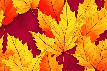 Naklejka na ściany i meble Pattern of watercolor autumn leaves oak maple birch rowan ash Golden fall trees landscape Yellow leaf background