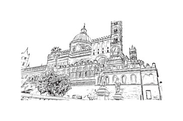 Building view with landmark of Palermo is the 
city in Italy. Hand drawn sketch illustration in vector.