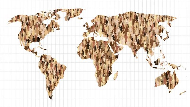 World population rising. Overpopulation rate. Birth rate growth. World map contour is being filled with silhouettes of men and women in colors of skin tones