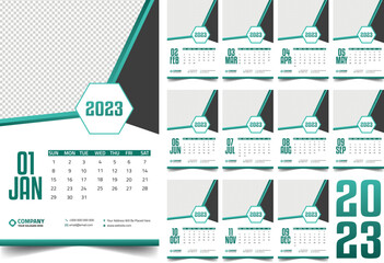 Calendar 2022, Photo Poster Style Monthly Wall Calendar 2023, Simple eco environment background. Week starts on Sunday, Desktop planner corporate, office or home calendar. Editable 12 months pages set