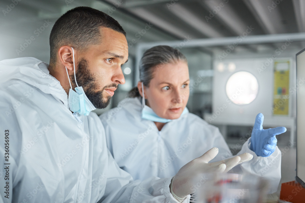 Aufkleber Laboratory, teamwork and hands with science worker in collaboration at pc screen. Scientist, focus and research in discussion to talk about data, information or analytics on computer at lab in ppe