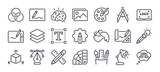 Art, creativity and graphic design related editable stroke outline icons set  isolated on white background flat vector illustration. Pixel perfect. 64 x 64. - obrazy, fototapety, plakaty