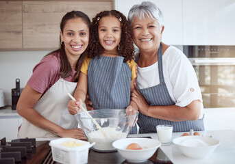 Cooking, girl and women bond in kitchen for dessert, breakfast food or sweet recipe in house or...
