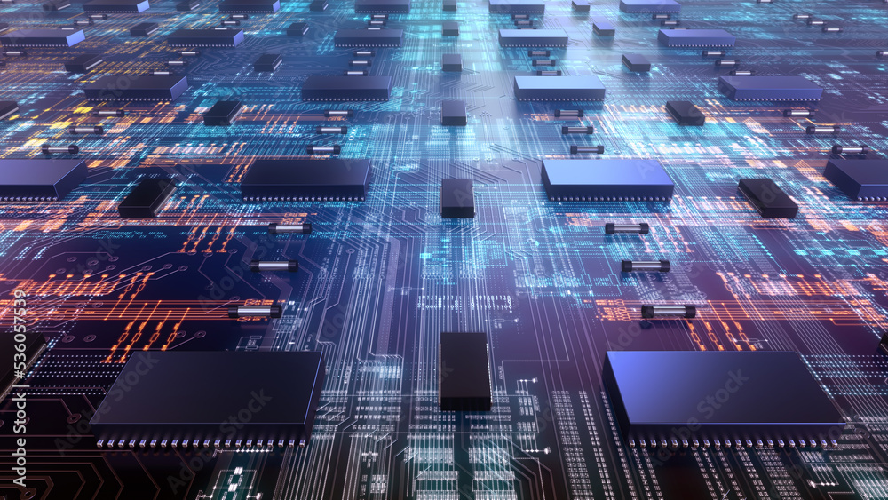 Fototapete High Technology CPU on a Complex Circuit Microchip Board Surface. Digital close-up of a high-tech microchip and electronic circuits, symbolizing innovation and modern technology. 3d rendering