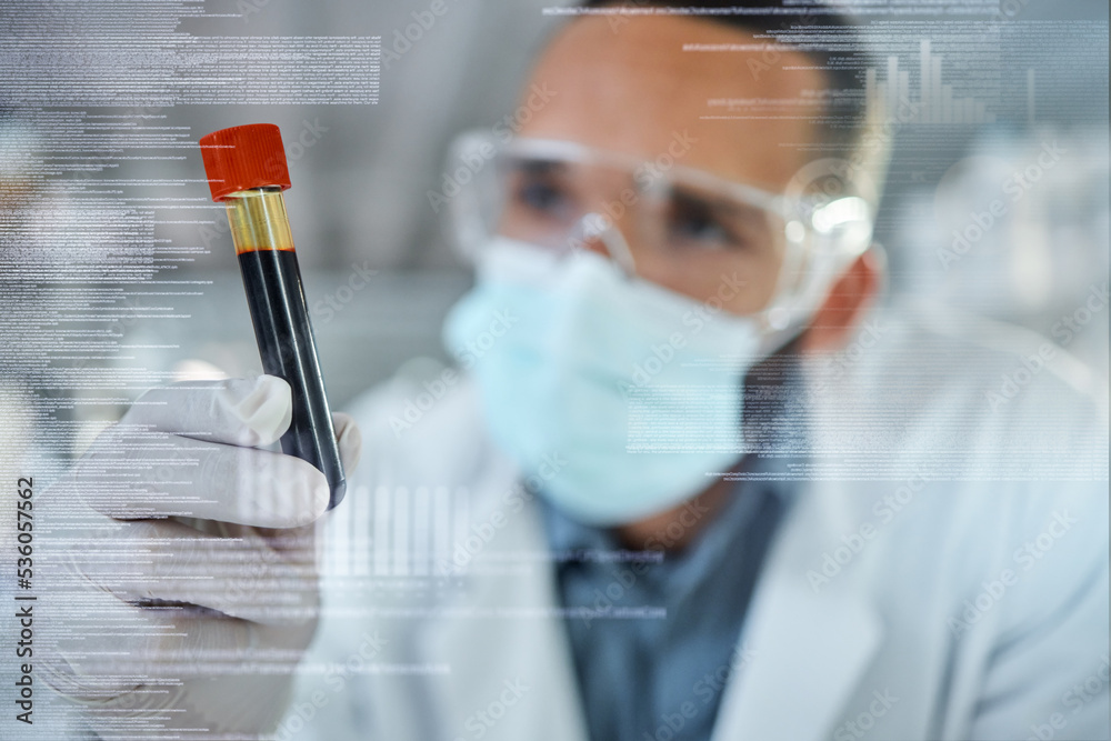 Poster Blood, science and covid with a man engineer in a laboratory working on DNA research and innovation in a lab. Analytics, medical and development with a scientist at work in a laboratory with overlay