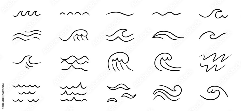 Wall mural wave sea line doodle icon set. hand drawn sketch water wave outline. simple curve, scribble aqua flo