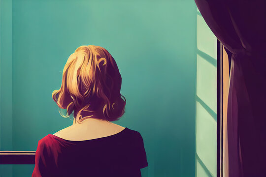 depression illustration of a lonely woman, starring the wall