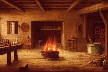  illustration of a medieval tavern inn bar with large open fireplace and cooking pot on the fire - obrazy, fototapety, plakaty