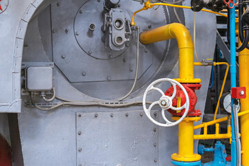 Shut-off valves in the gas supply system at the gas boiler house. Gas boiler room equipment.